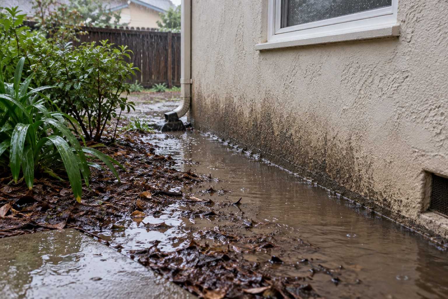 Rainwater sheeting across a side yard toward a stucco house wall and ponding against the foundation during a Southern California storm