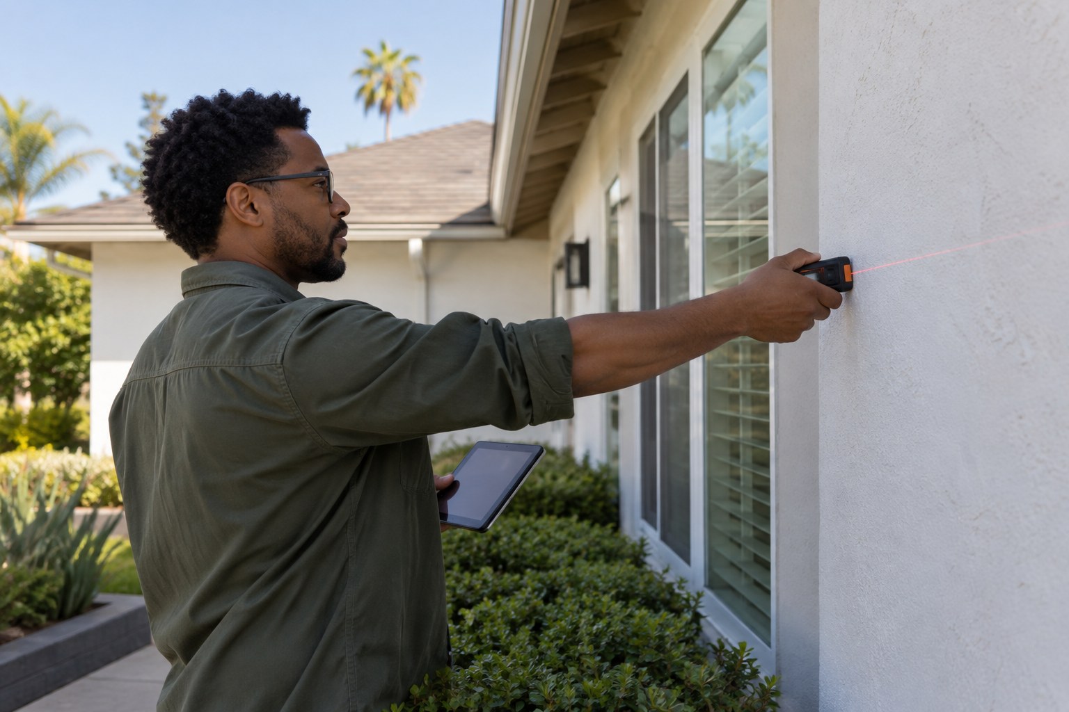 Engineer measuring the exterior of a stucco ranch house with a laser meter to document as-built conditions