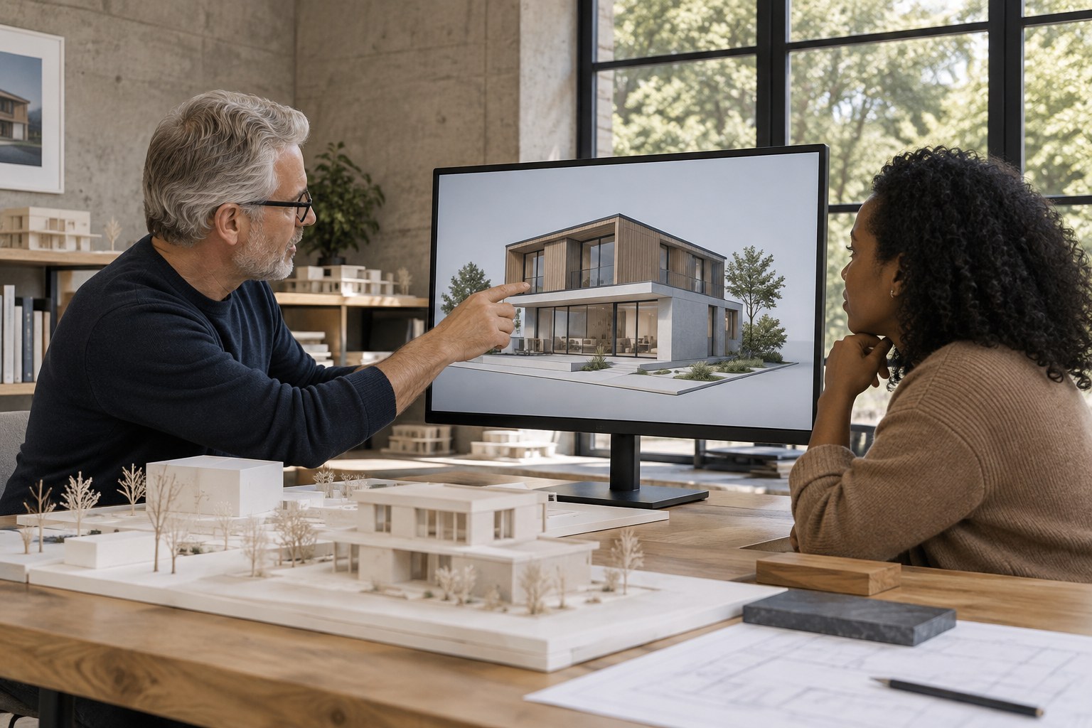 Architect showing a homeowner a 3D BIM model of a house on a studio monitor beside white scale models