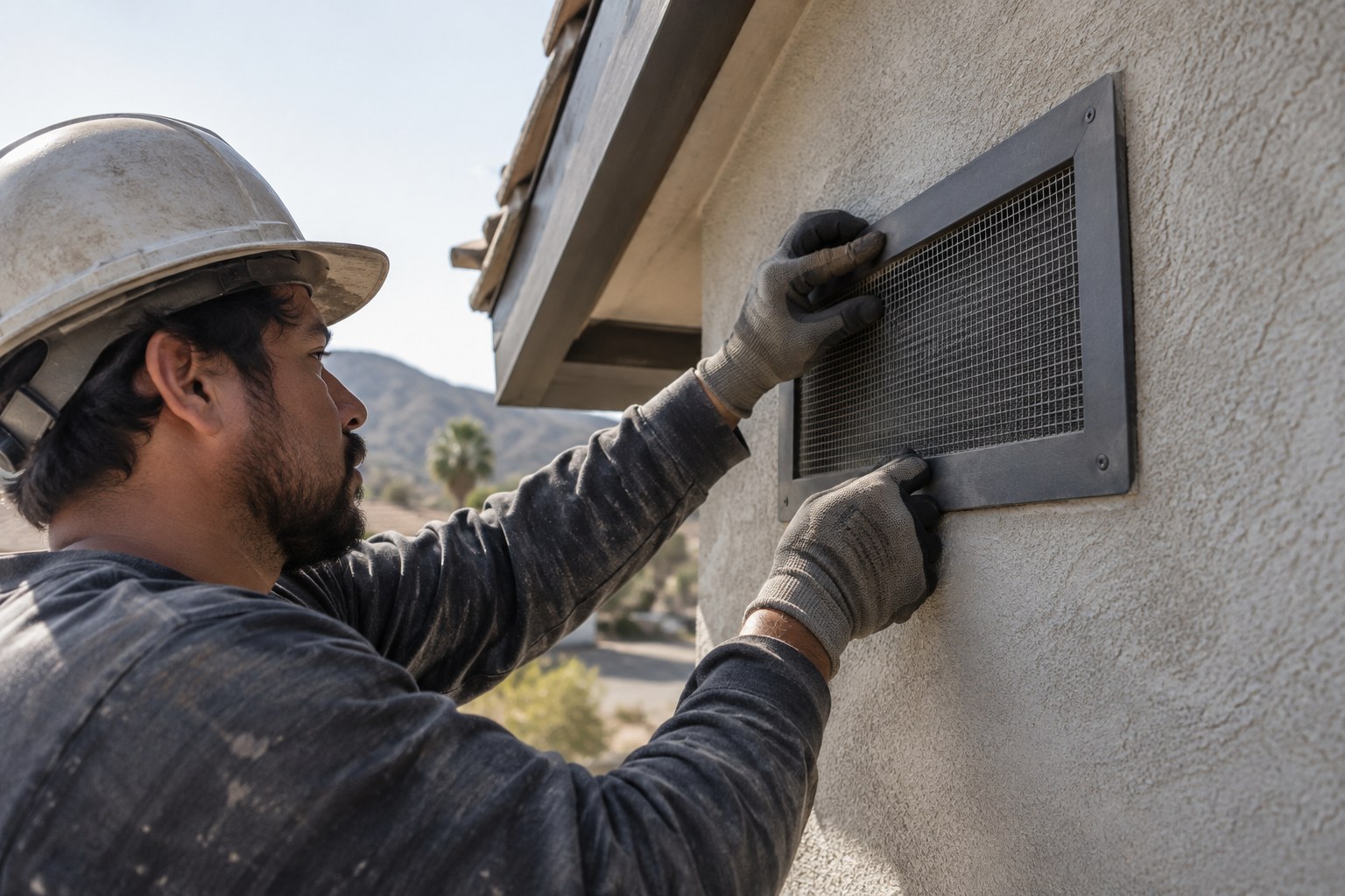 Worker installing an ember-resistant mesh attic vent in a stucco wall during a Southern California rebuild
