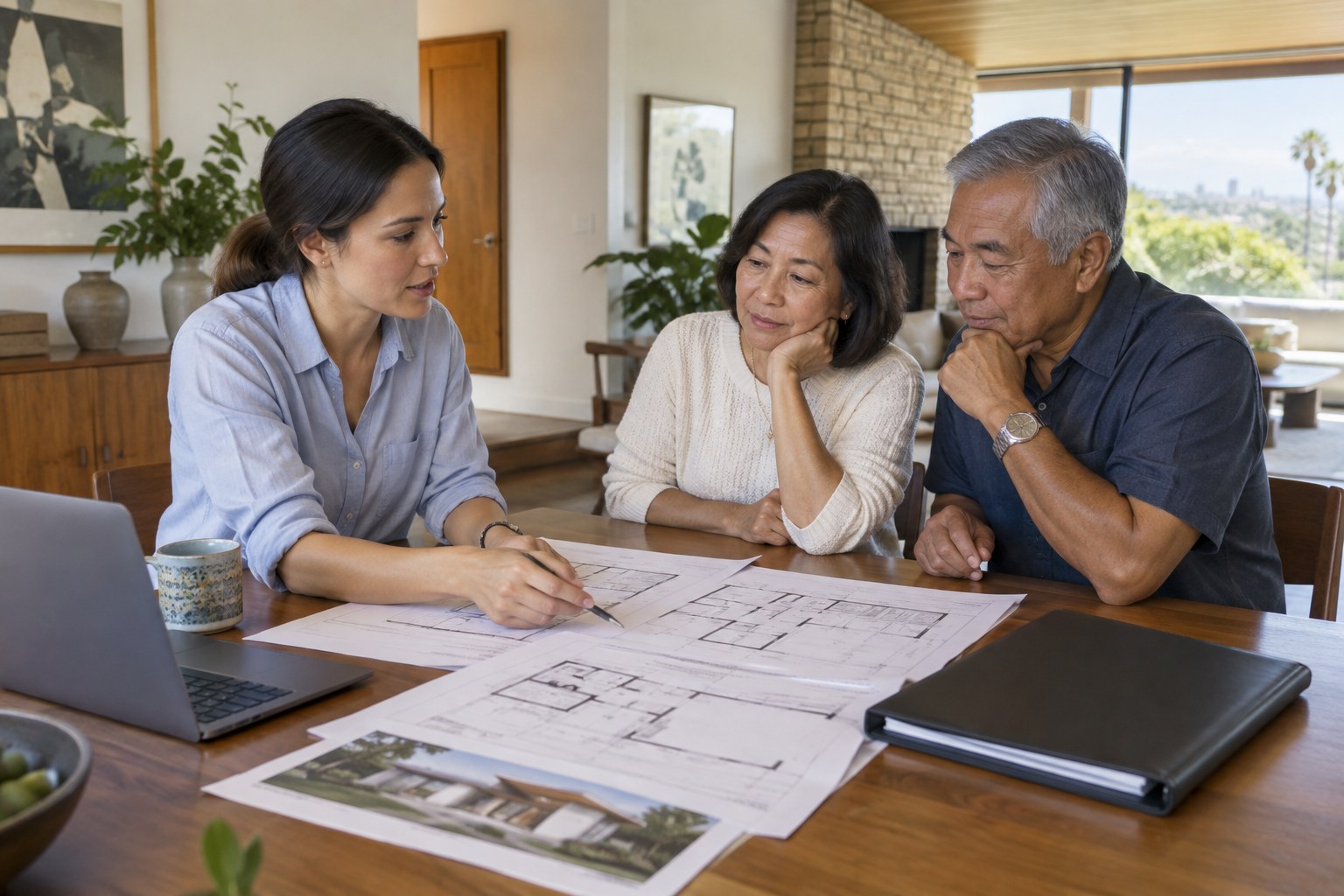 Architect reviewing house floor plans and an insurance policy binder with a homeowner couple at a dining table