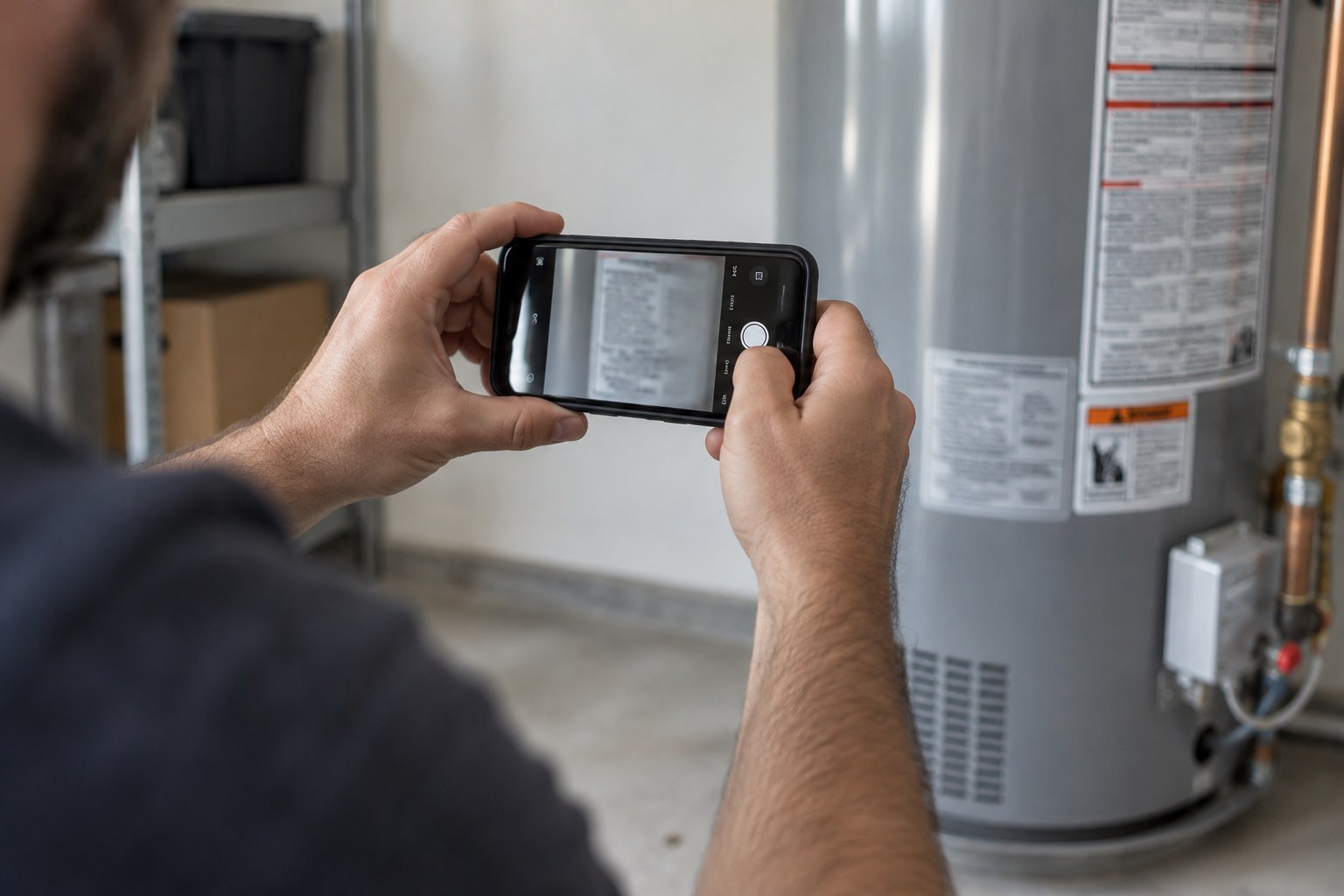 Homeowner photographing the manufacturer label and serial plate on a water heater for a home inventory