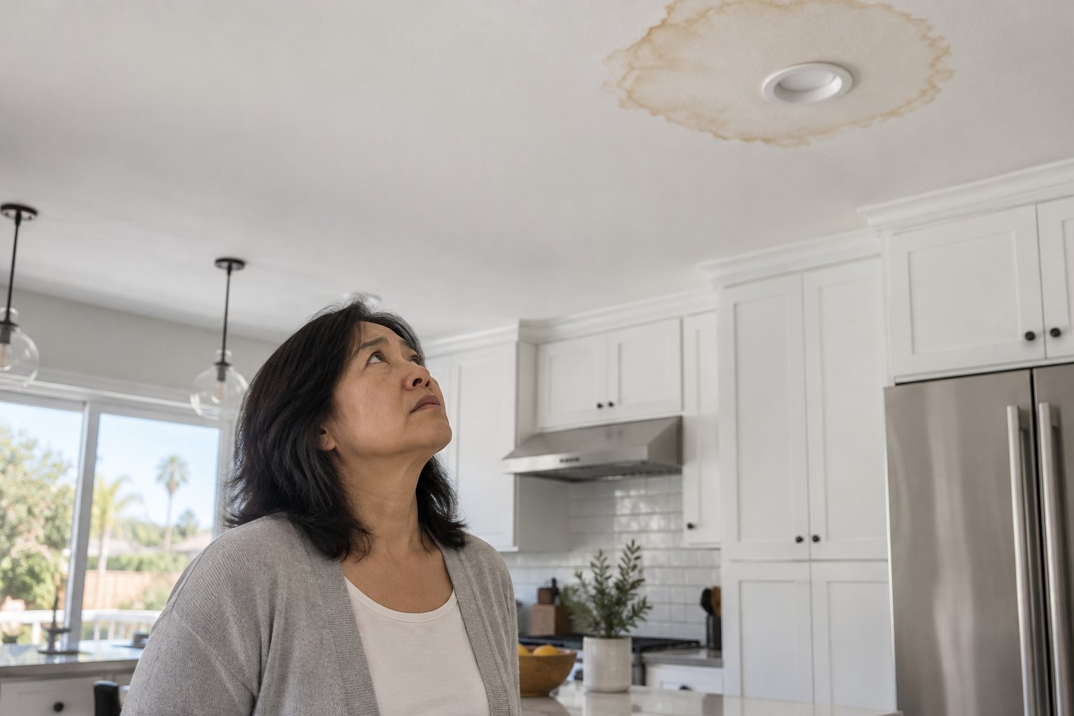 Homeowner looking up at a water stain ring on her kitchen ceiling near a recessed light
