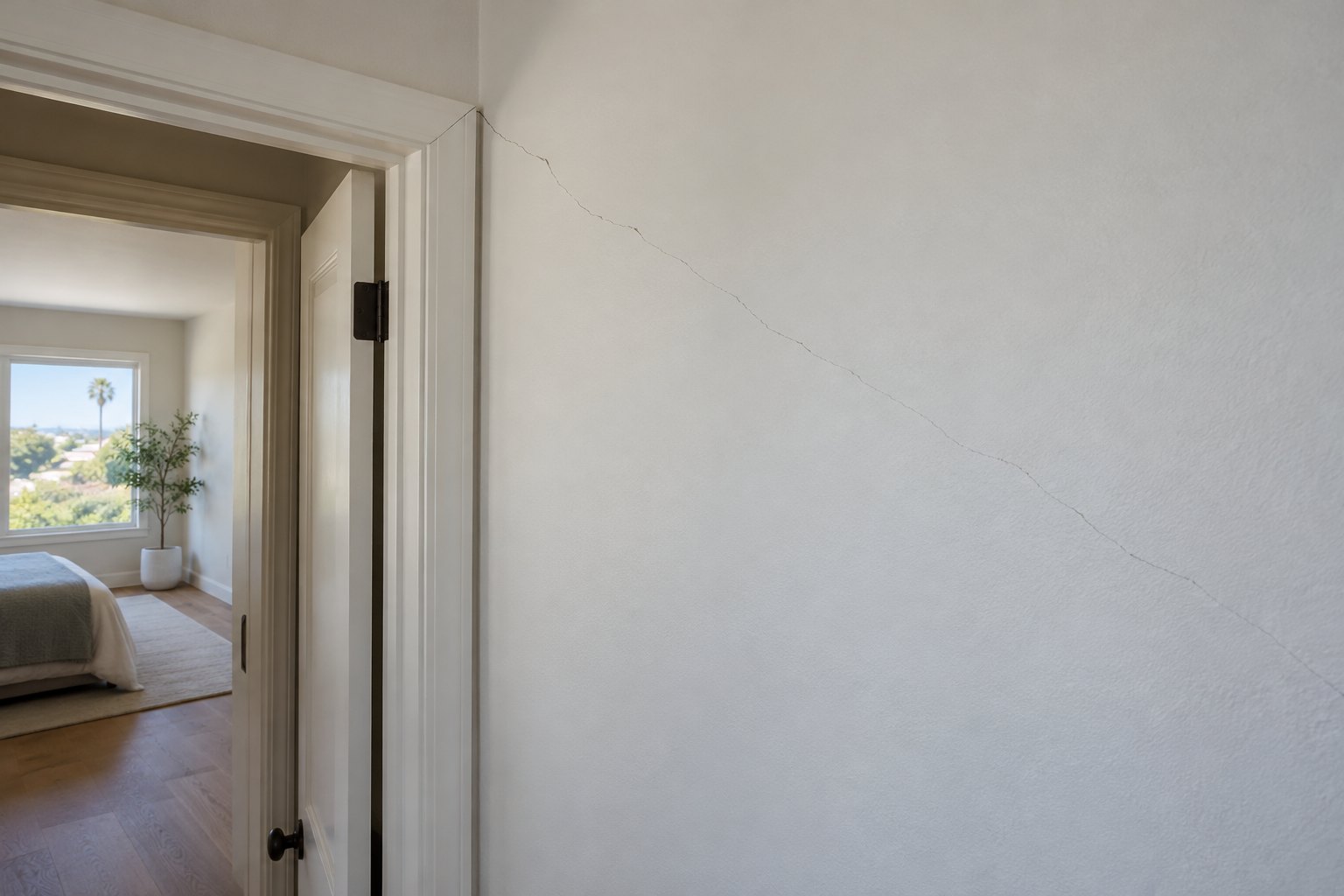 Thin diagonal drywall crack running from the upper corner of an interior door frame