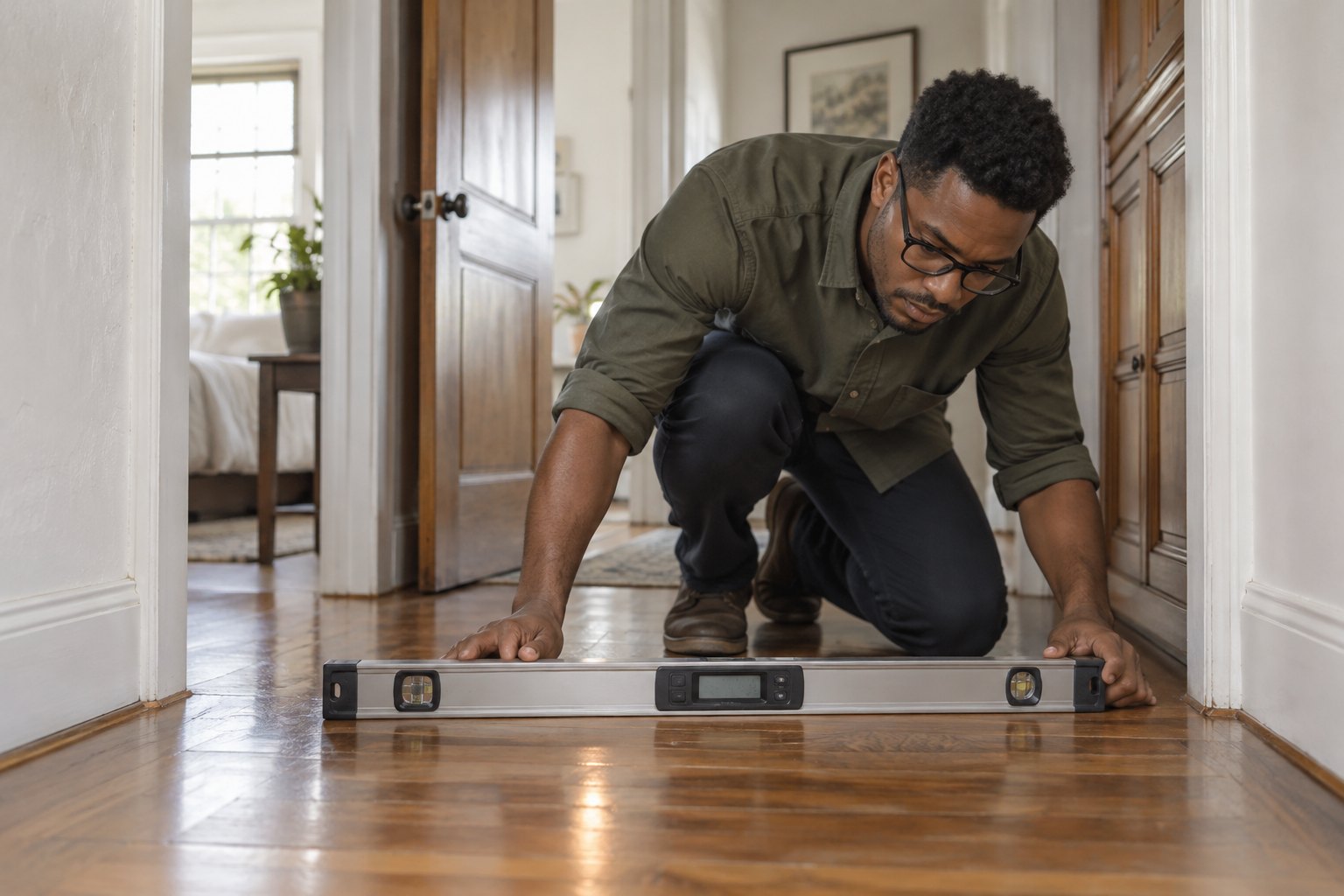 Engineer placing a long level on a hardwood hallway floor to check for slope