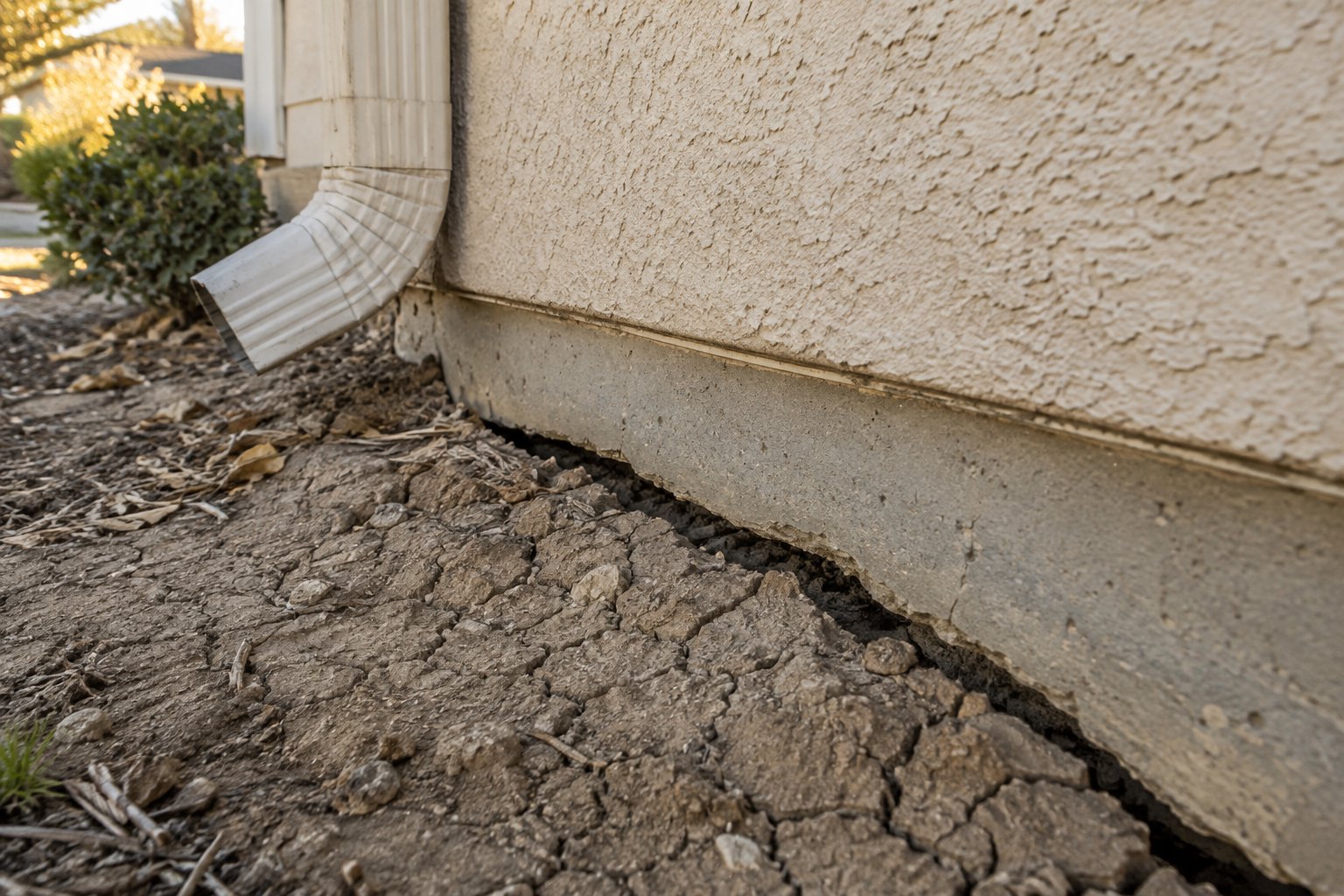Dry clay soil cracked and pulled away from the concrete foundation edge below a stucco wall, near a downspout
