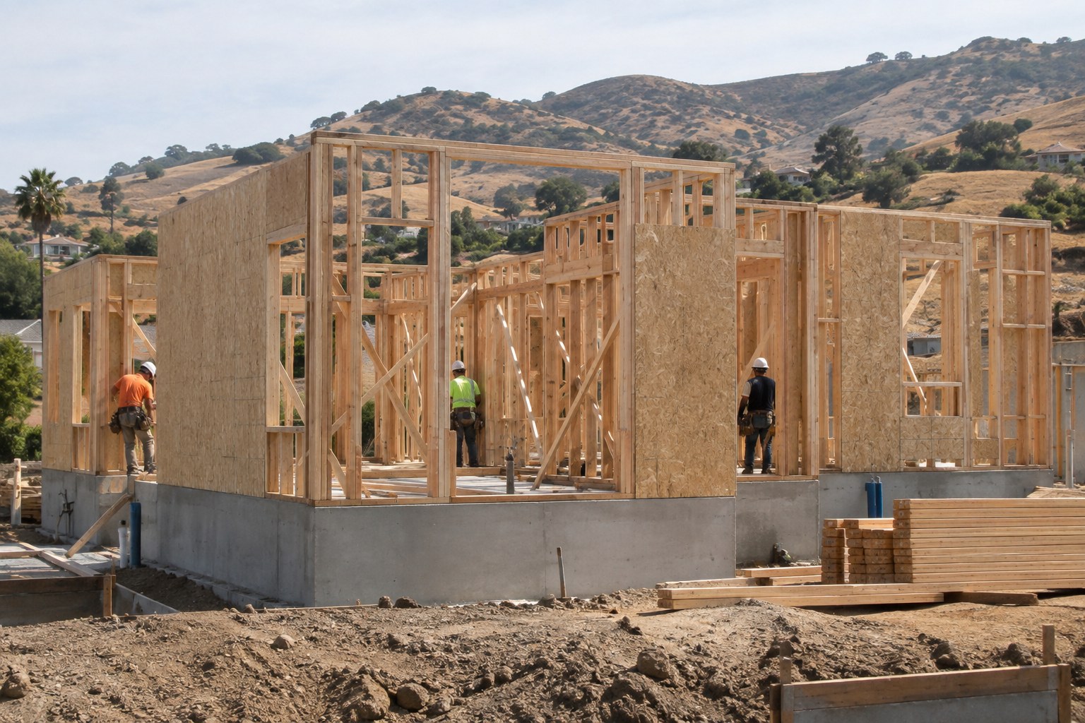 New timber wall framing rising on an existing concrete foundation during a Southern California home rebuild